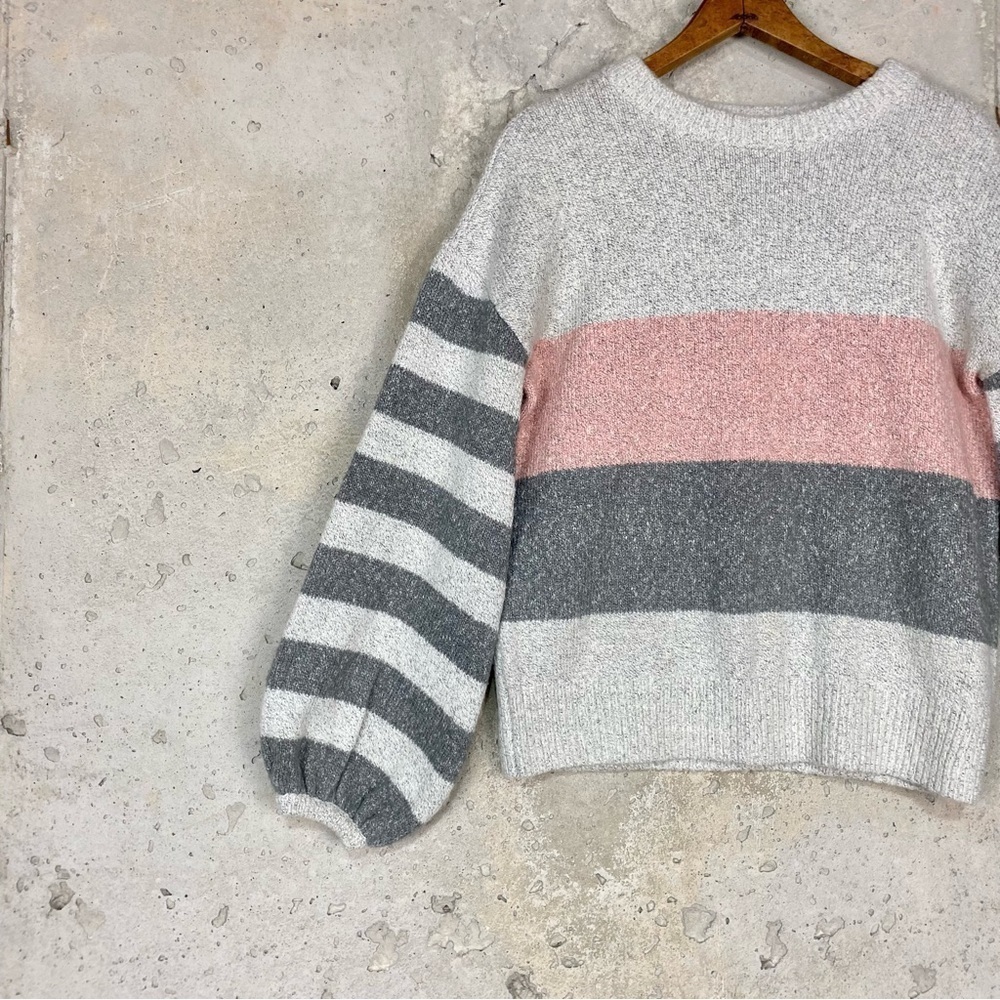 Tularosa penny gray light grey pink striped balloon sleeve sweater xs small